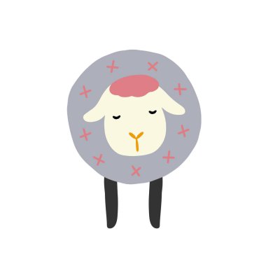 Koyun karakter tasarımı. Sevimli hayvan vektör çizimi. Bebek posterleri, sanat eserleri, moda giysileri veya çıkartmaları için soyut simge.