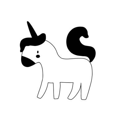 Tek boynuzlu at karakter tasarımı. Sevimli hayvan vektör çizimi. Bebek posterleri, sanat eserleri, moda giysileri veya çıkartmaları için soyut simge.