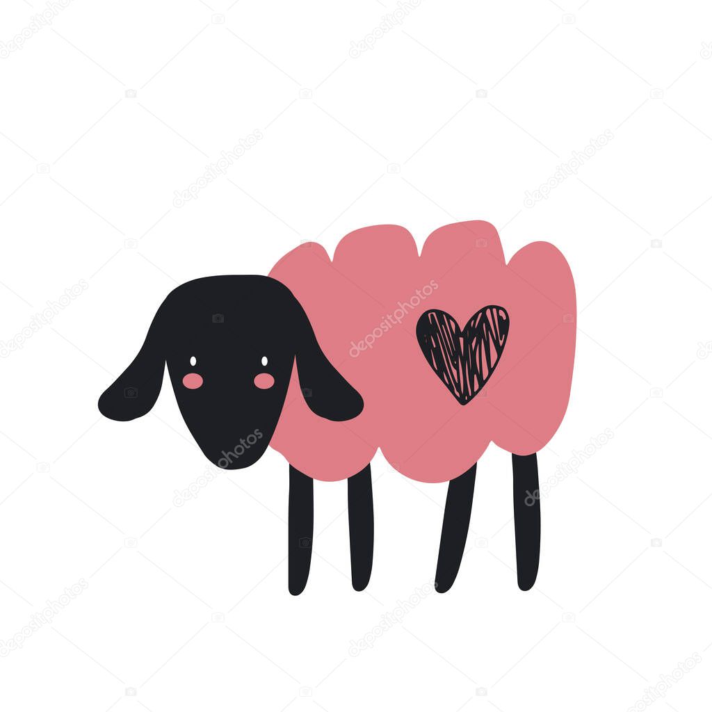 Sheep character design. Cute cartoon animal vector illustration. Abstract icon for baby posters, art prints, fashion apparel or stickers.