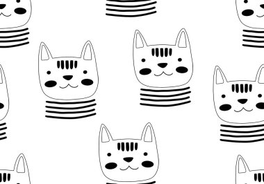 Kedili ve farklı şekilli hayvani desenler. Soyut bebek arkaplan çizimi. Çocuklar ve çocuklar için vektör dijital kağıt