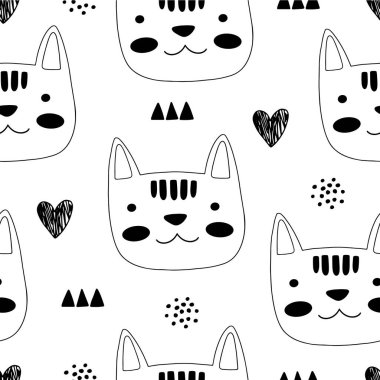 Kedili ve farklı şekilli hayvani desenler. Soyut bebek arkaplan çizimi. Çocuklar ve çocuklar için vektör dijital kağıt