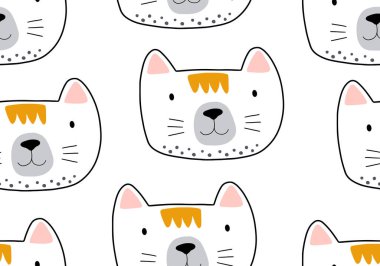 Kedili ve farklı şekilli hayvani desenler. Soyut bebek arkaplan çizimi. Çocuklar ve çocuklar için vektör dijital kağıt