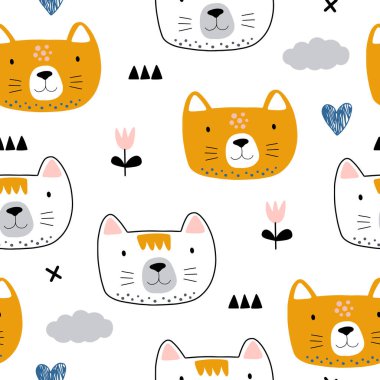 Kedili ve farklı şekilli hayvani desenler. Soyut bebek arkaplan çizimi. Çocuklar ve çocuklar için vektör dijital kağıt