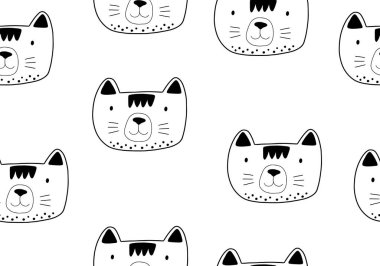 Kedili ve farklı şekilli hayvani desenler. Soyut bebek arkaplan çizimi. Çocuklar ve çocuklar için vektör dijital kağıt