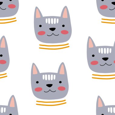 Kedili ve farklı şekilli hayvani desenler. Soyut bebek arkaplan çizimi. Çocuklar ve çocuklar için vektör dijital kağıt