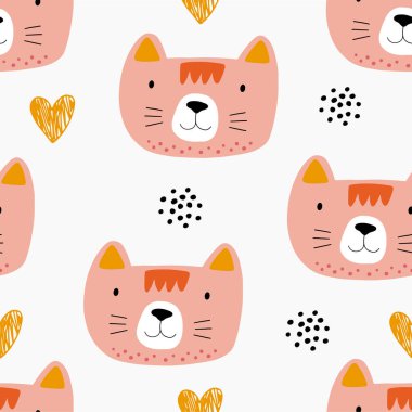 Kedili ve farklı şekilli hayvani desenler. Soyut bebek arkaplan çizimi. Çocuklar ve çocuklar için vektör dijital kağıt