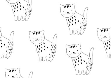 Kedili ve farklı şekilli hayvani desenler. Soyut bebek arkaplan çizimi. Çocuklar ve çocuklar için vektör dijital kağıt