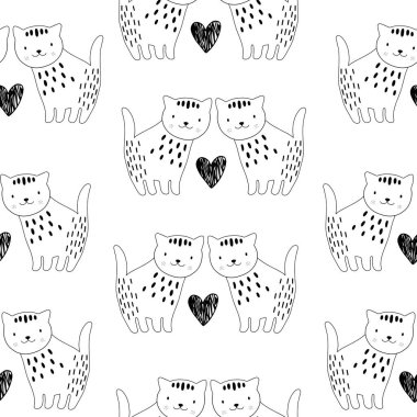 Kedili ve farklı şekilli hayvani desenler. Soyut bebek arkaplan çizimi. Çocuklar ve çocuklar için vektör dijital kağıt