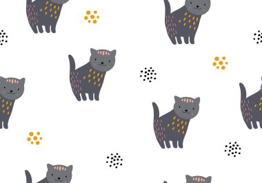 Kedili ve farklı şekilli hayvani desenler. Soyut bebek arkaplan çizimi. Çocuklar ve çocuklar için vektör dijital kağıt