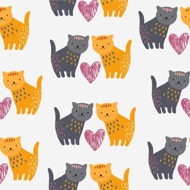 Kedili ve farklı şekilli hayvani desenler. Soyut bebek arkaplan çizimi. Çocuklar ve çocuklar için vektör dijital kağıt