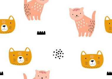 Kedili ve farklı şekilli hayvani desenler. Soyut bebek arkaplan çizimi. Çocuklar ve çocuklar için vektör dijital kağıt