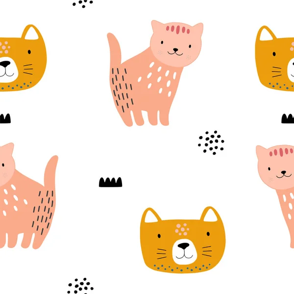 动物无缝图案与猫和不同的形状 摘要婴儿背景图解 用于儿童和儿童的矢量数码纸 — 图库矢量图片