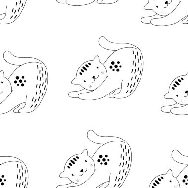 Kedili ve farklı şekilli hayvani desenler. Soyut bebek arkaplan çizimi. Çocuklar ve çocuklar için vektör dijital kağıt