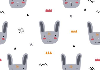 Çizgi film tavşanı ve orman tavşanı arkaplanlı soyut desen. Vektör bebek dijital kağıt