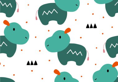Hippopotamus bebek kusursuz desen, hayvan vektör arka planı. Çizgi film el çizimi dijital kağıt