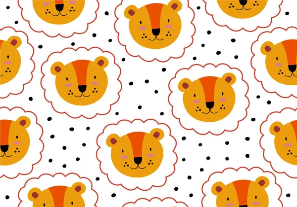 ライオンとシームレスな動物のジャングルのパターン 漫画の抽象的な赤ちゃんのベクトル背景 — ストックベクタ