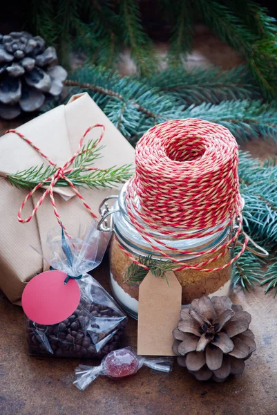 Christmas Composition with gifts, Homemade Cake Mix in a Jar Stock Picture