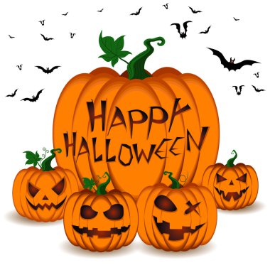 Mutlu Halloween balkabağı ayarla ve yarasalar beyaz arka plan üzerinde gökyüzünde.