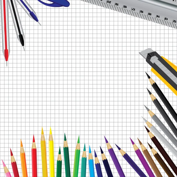 Object tool background. Pen ruler and color pencil on white background. — Stock vektor