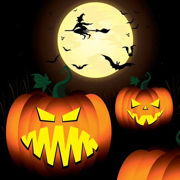 Halloween Pumpkin i czarownice, nietoperze Spooky, drzewo, księżyc na niebie. — Wektor stockowy