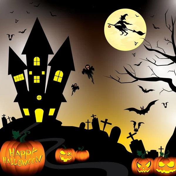 Feliz Halloween e Abóbora, Bruxas, Morcegos, Objetos na noite da lua no céu negro . — Vetor de Stock