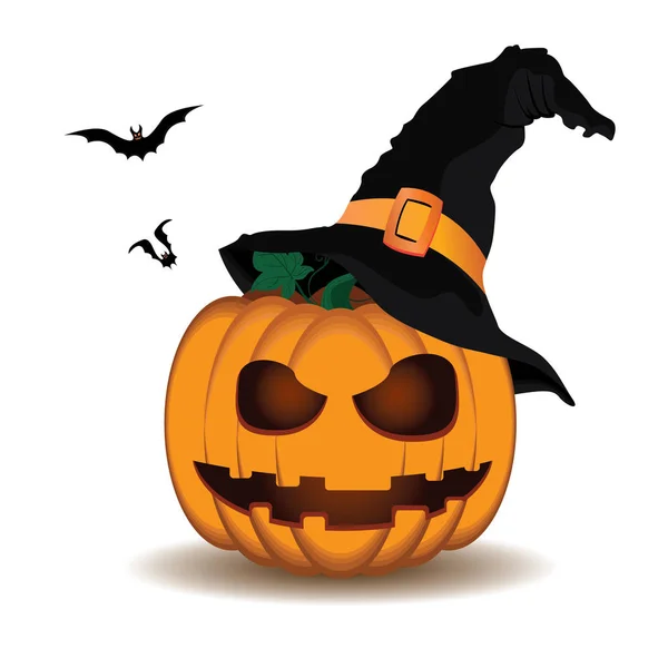 Abóbora assustador rosto usar chapéu e morcego de Feliz Halloween isolado no fundo branco . — Vetor de Stock