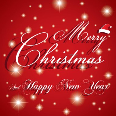 Neşeli Noel ve mutlu yeni yıl kartı beyaz yıldız ve kırmızı bir arka plan üzerinde.