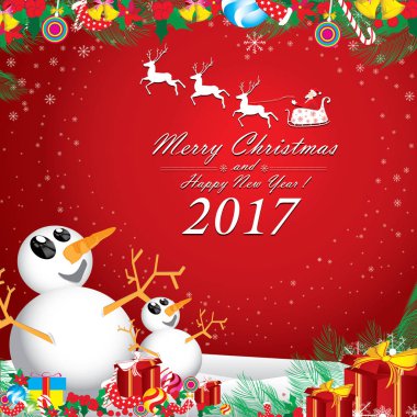 Mutlu Noeller ve mutlu yeni yıl. Noel Baba ve beyaz Ren geyiği, kırmızı zemin üzerine kışın iki kardan adam.