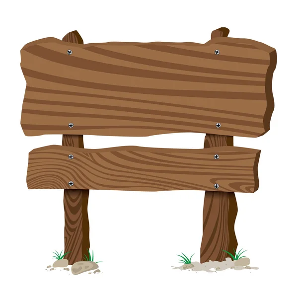 Panneau de signalisation en bois brun foncé et herbe isolée sur fond blanc . — Image vectorielle