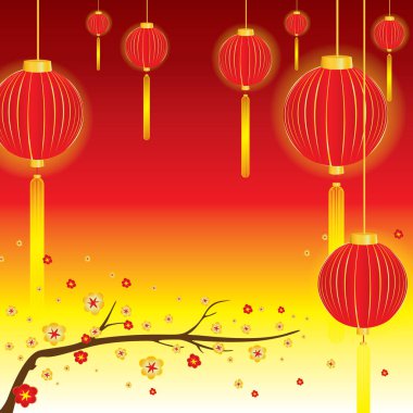 Kırmızı ve altın çiçeği ve kırmızı lambası kırmızı zemin üzerine ilkbaharda çiçeklenir.