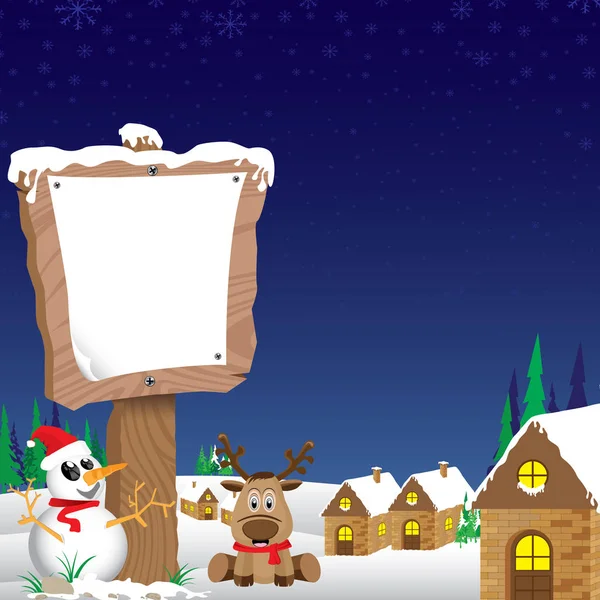 Frohe Weihnachten. Schneemann und Holzschild im Winter auf blauem Nachthimmel. — Stockvektor