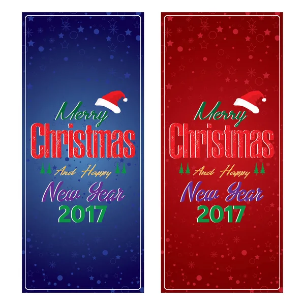 メリー クリスマスとニューイヤー カードの青と赤の背景の装飾クリスマス ツリー. — ストックベクタ