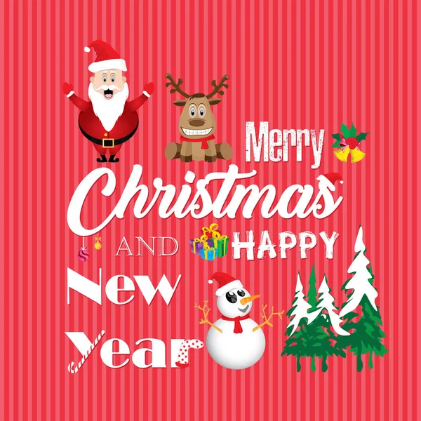 Neşeli Noel ve mutlu yeni yıl kartı ve süslemeleri Noel Baba, Ren geyiği, kırmızı arka plan kardan adam.