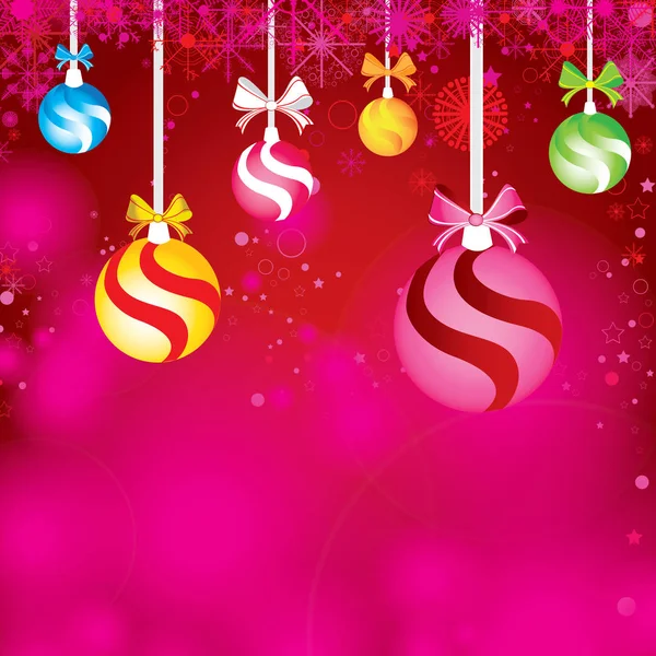Veselé Vánoce a šťastný nový rok pozadí. Dekorace barevné koule, stuhy a sníh. — Stockový vektor