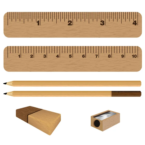 Dřevěné pravítko a tužka, guma s ořezávátkem izolovaných na bílém pozadí. — Stockový vektor