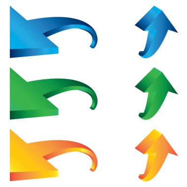 Beyaz arka plan üzerinde izole mavi yeşil ve turuncu ok tasarım şablonu kümesi.