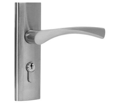 Kapı kolu gümüş rengi beyaz arka plan yan görünüm.