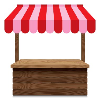 Wooden market stall with red and pink awning on white background. clipart