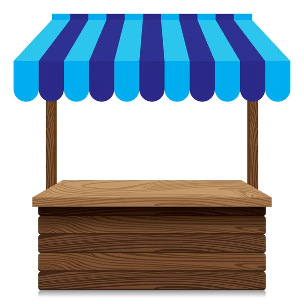 Stalla mercato in legno con tenda blu su sfondo bianco . — Vettoriale Stock