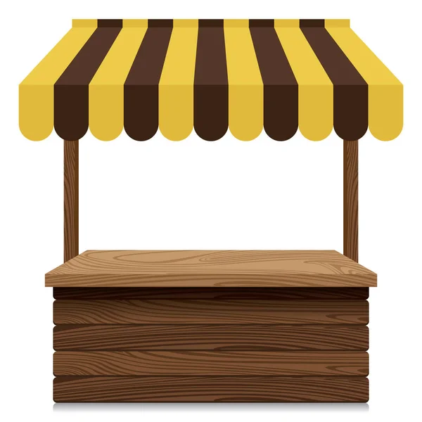 Puesto de mercado de madera con toldo amarillo y marrón sobre fondo blanco . — Vector de stock