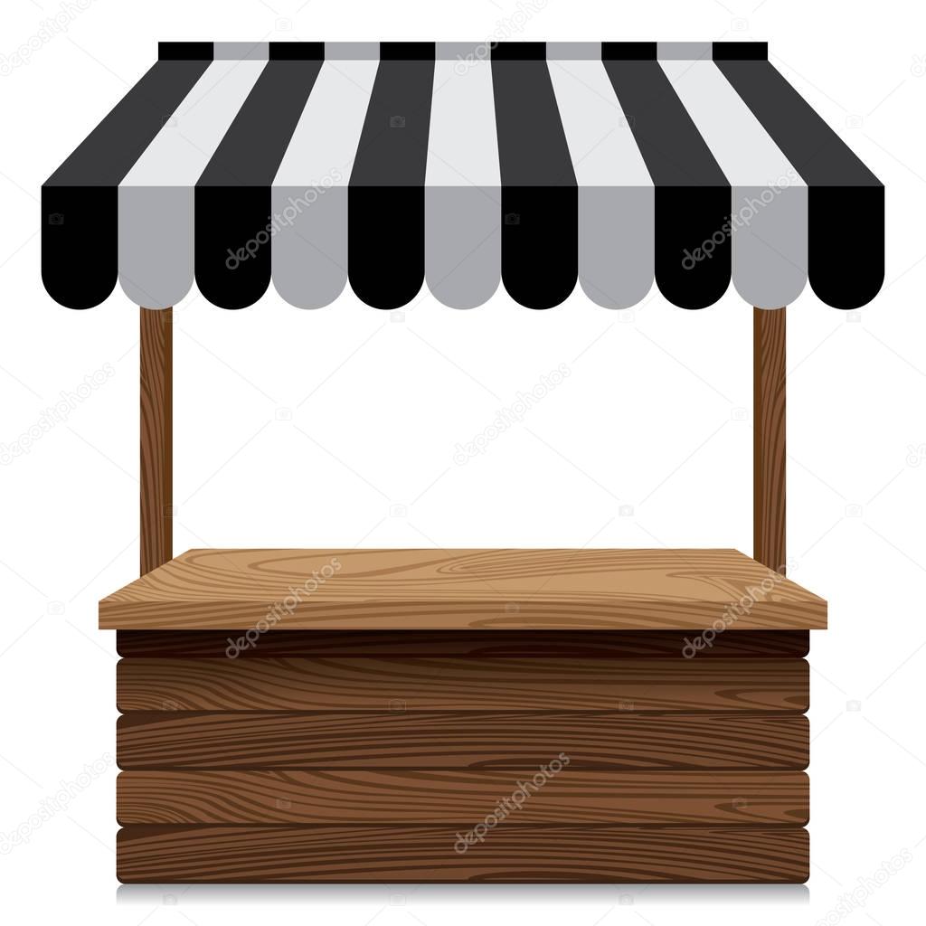 Wooden market stall with black and grey awning on white background.