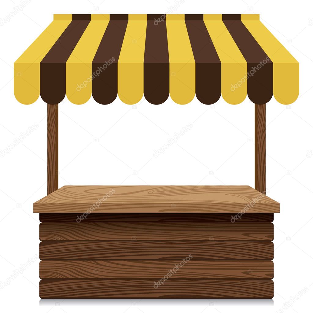 Wooden market stall with yellow and brown awning on white background.