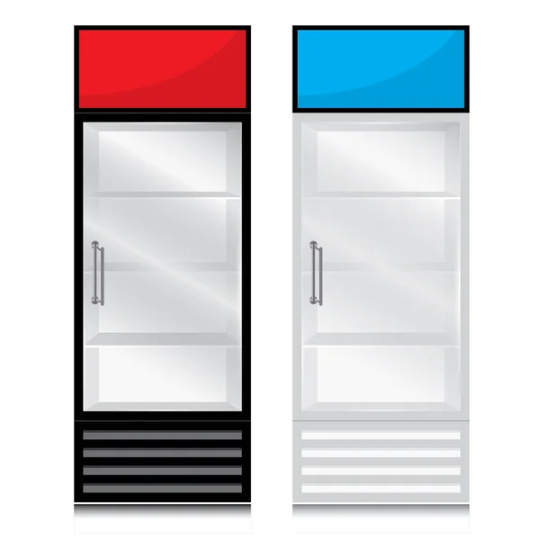 Glastürkühlschrank mit Türgriff rechts geöffnet. Glastür Kühlschrank schwarz, weiß und Schild auf weißem Hintergrund. — Stockvektor