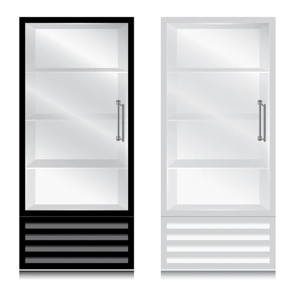 Glastürkühlschrank mit Türgriff. Glastür Kühlschrank schwarz und weiß auf weißem Hintergrund. — Stockvektor