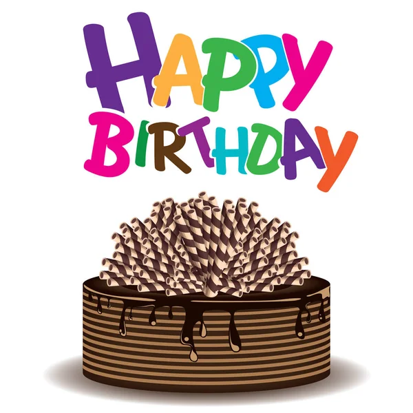 Chocolade wafel taart en Happy birthday op witte achtergrond. — Stockvector
