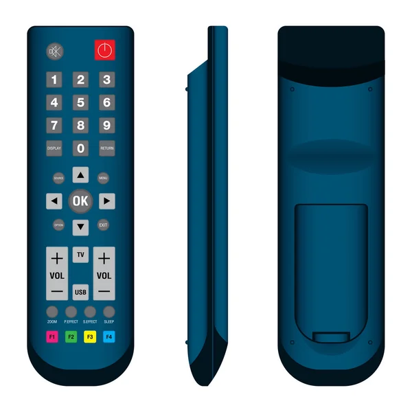 TV Remote Control em azul escuro Vista frontal, lateral e traseira em fundo branco . — Vetor de Stock