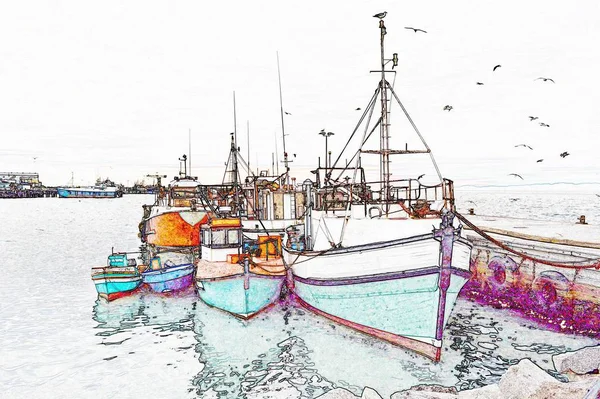 Paisaje Marino Con Barcos Pesca Pequeño Puerto — Foto de Stock