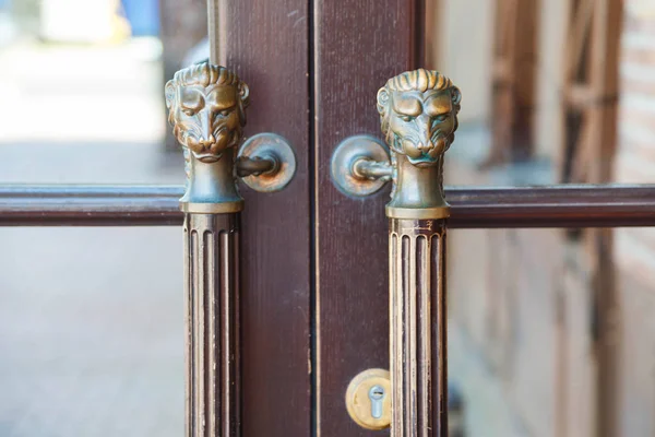 Porta de madeira de estilo antigo com alças na forma de uma cabeça de leão . — Fotografia de Stock
