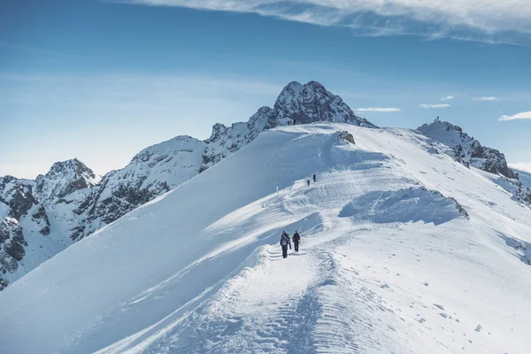 Viajantes alpinistas vão ao pico nevado nas montanhas . — Fotografia de Stock