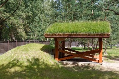 Şarap mahzeni çim kaplı çatılı girişi. Doğal ekoloji kavramı.